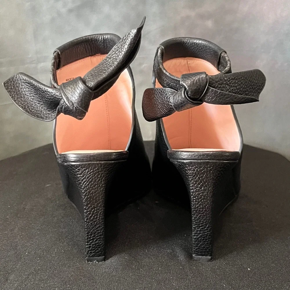 Kate Spade Black Pebbled Leather Peep Toe Wedge Sandals with Ankle Tie Size 8.5M